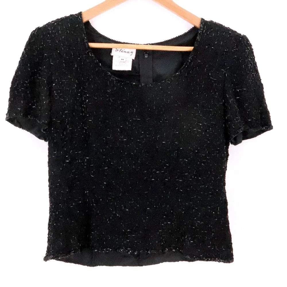 Stenay Vintage Beaded Silk Blouse Top Womens Size M Black Evening NYE Party Luxe